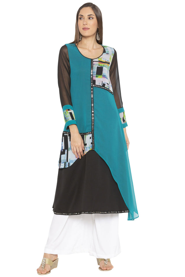 Georgette Asymmetric Kurti Top In Turquoise Blue