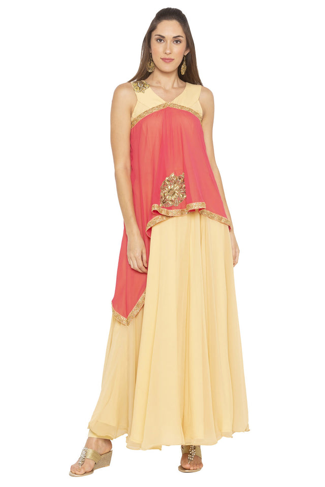 Georgette Asymmetric Kurti Top In Beige