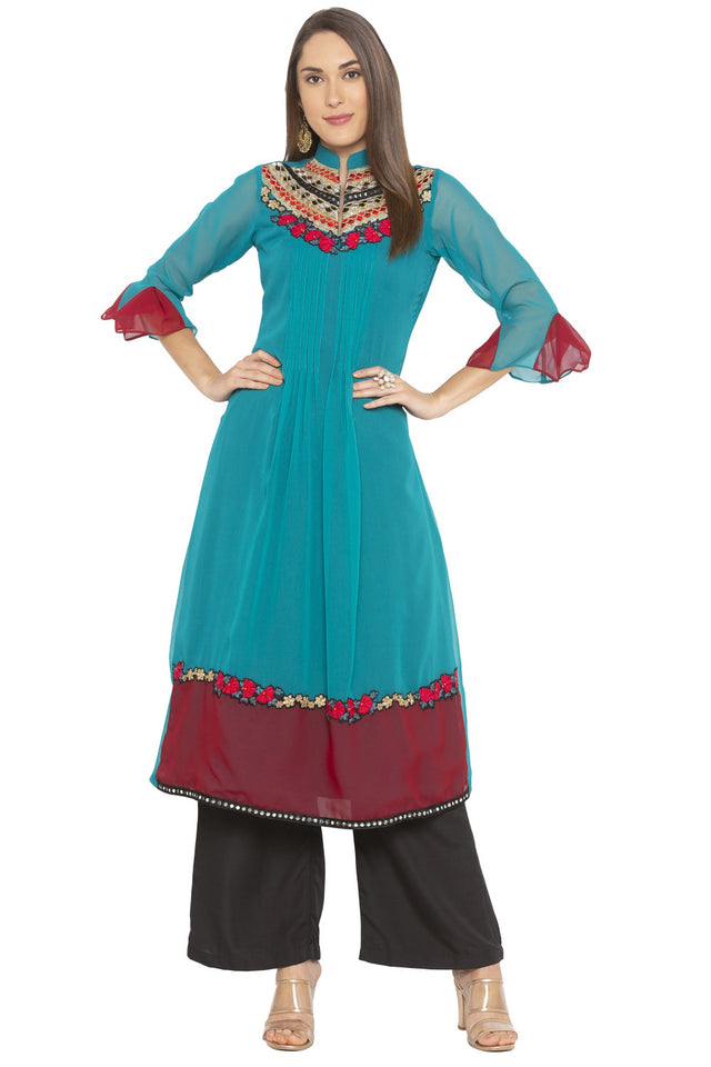 Georgette A Line Kurti Top In Turquoise