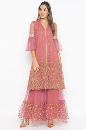 Net A Line Kurti In Pink