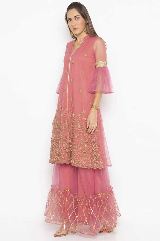 Net A Line Kurti In Pink