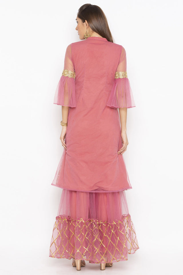 Net A Line Kurti In Pink