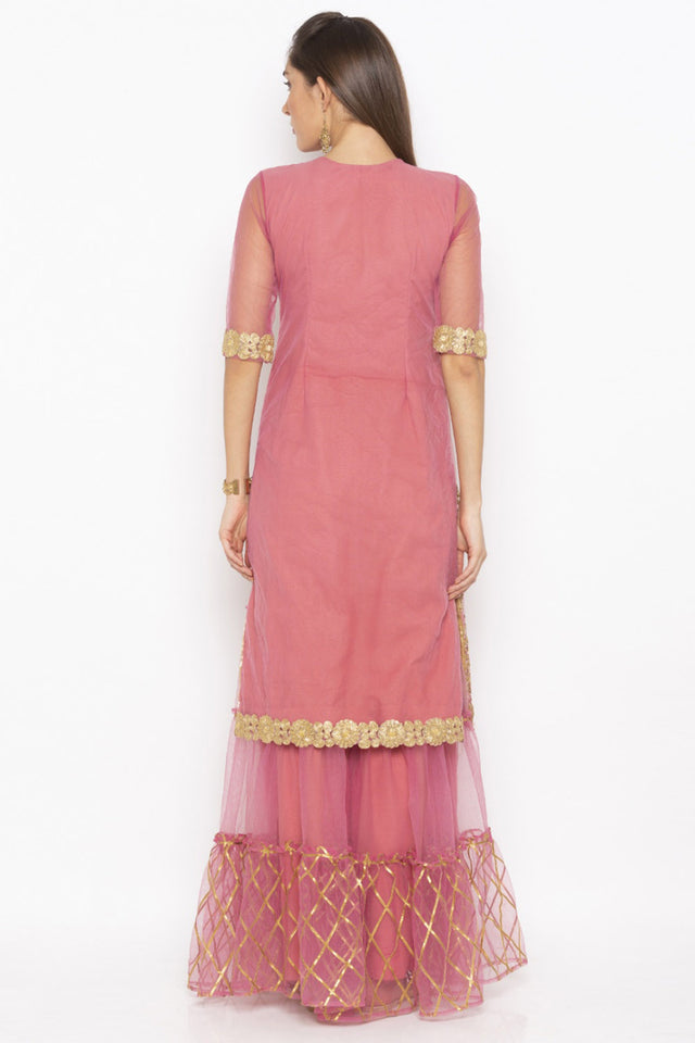 Net Straight Kurti In Pink
