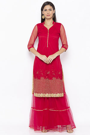 Net Straight Kurti In Maroon
