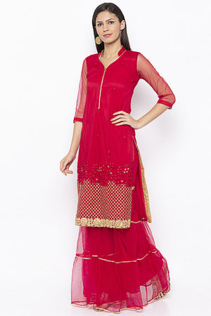 Net Straight Kurti In Maroon