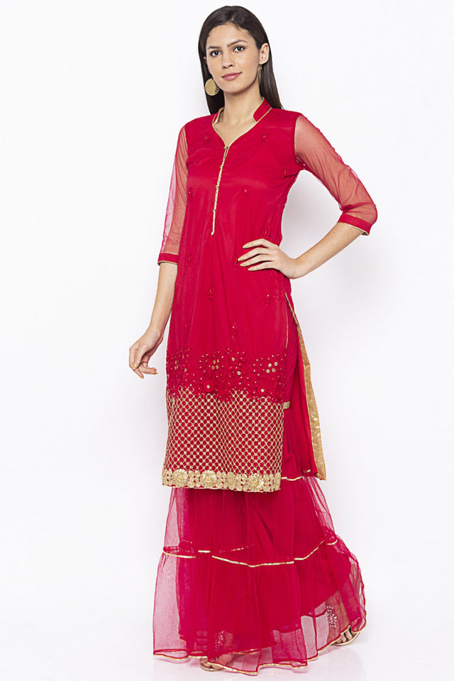 Net Straight Kurti In Maroon