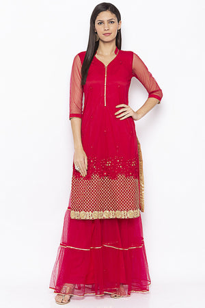 Net Straight Kurti In Maroon
