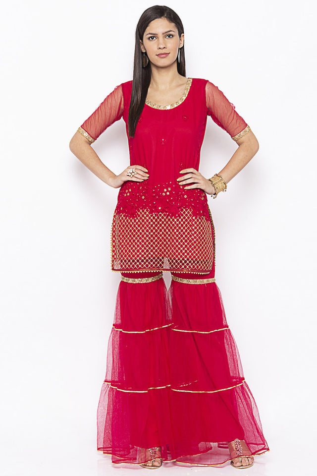 Net Short Kurti Top In Maroon