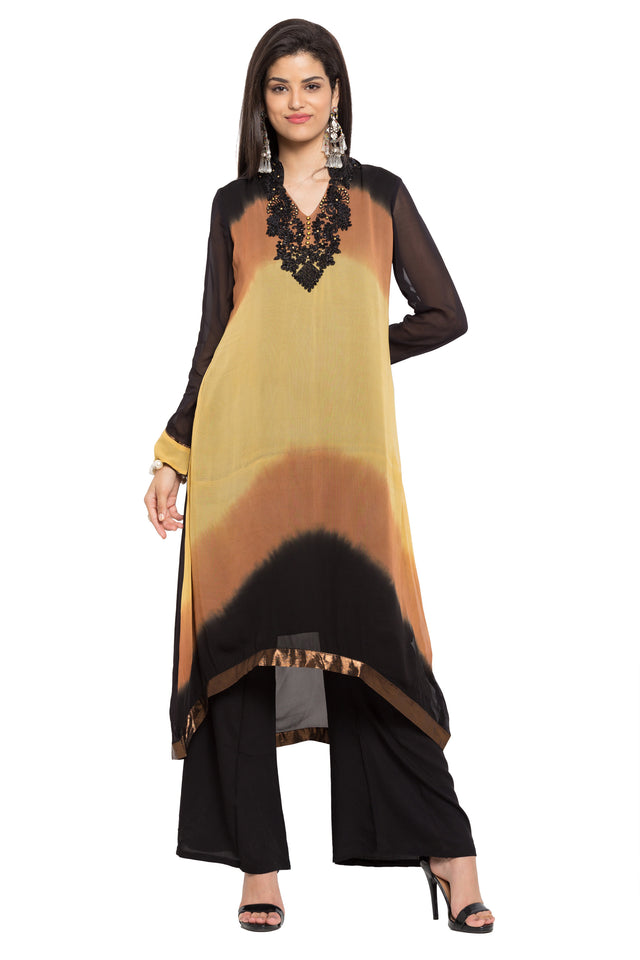 Faux Georgette Asymmetric Kurti Top In Black