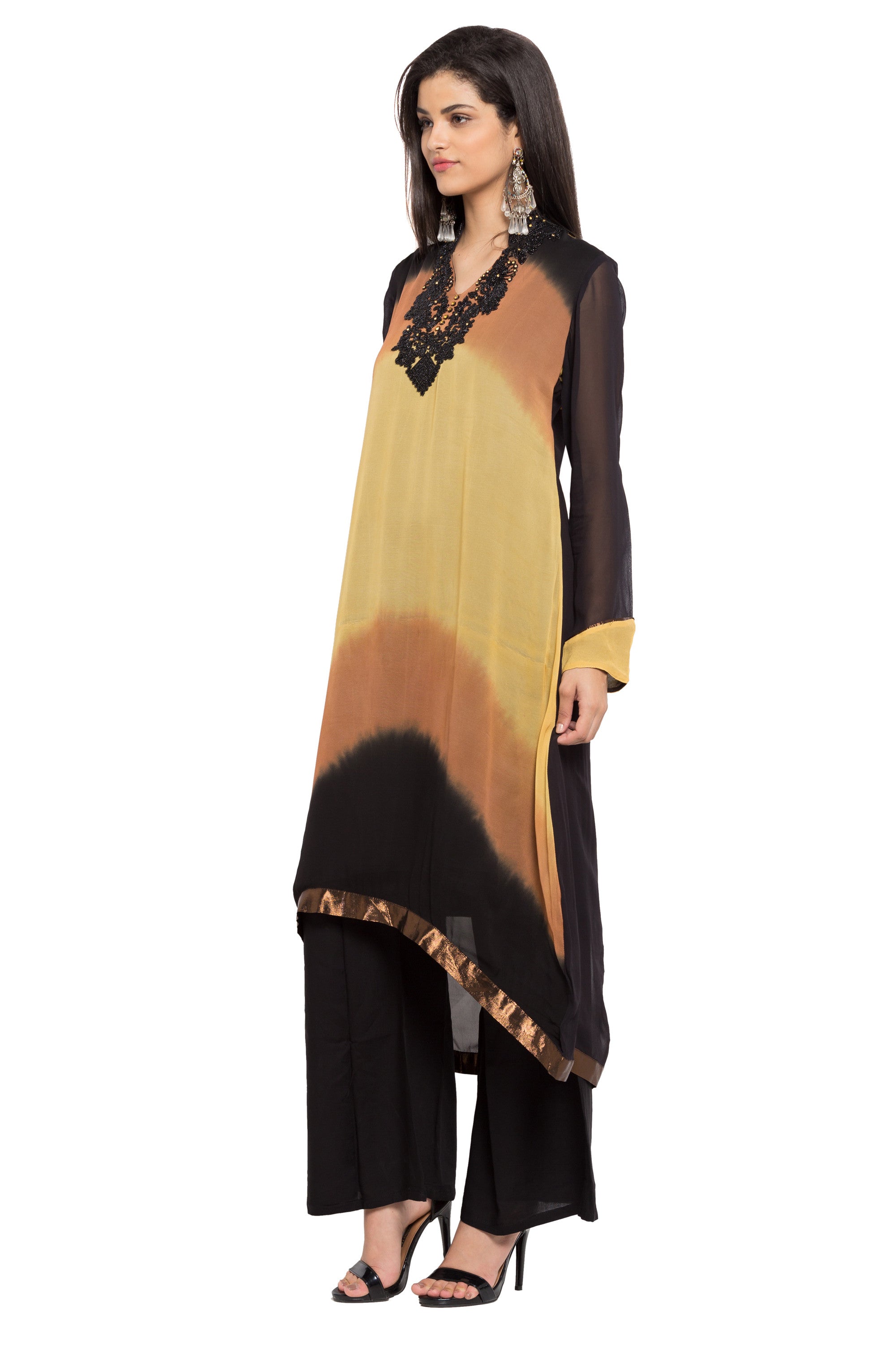 Faux Georgette Asymmetric Kurti Top In Black