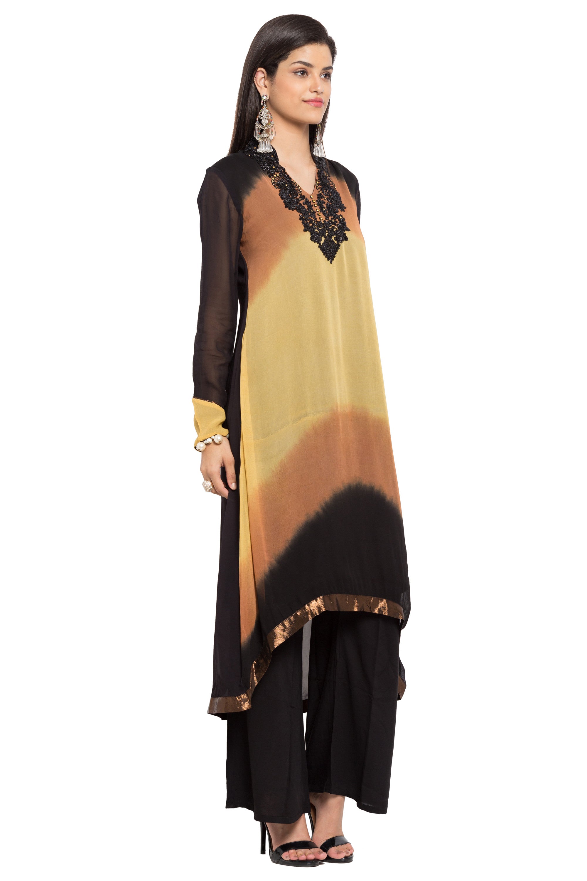 Faux Georgette Asymmetric Kurti Top In Black