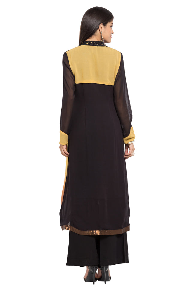 Faux Georgette Asymmetric Kurti Top In Black