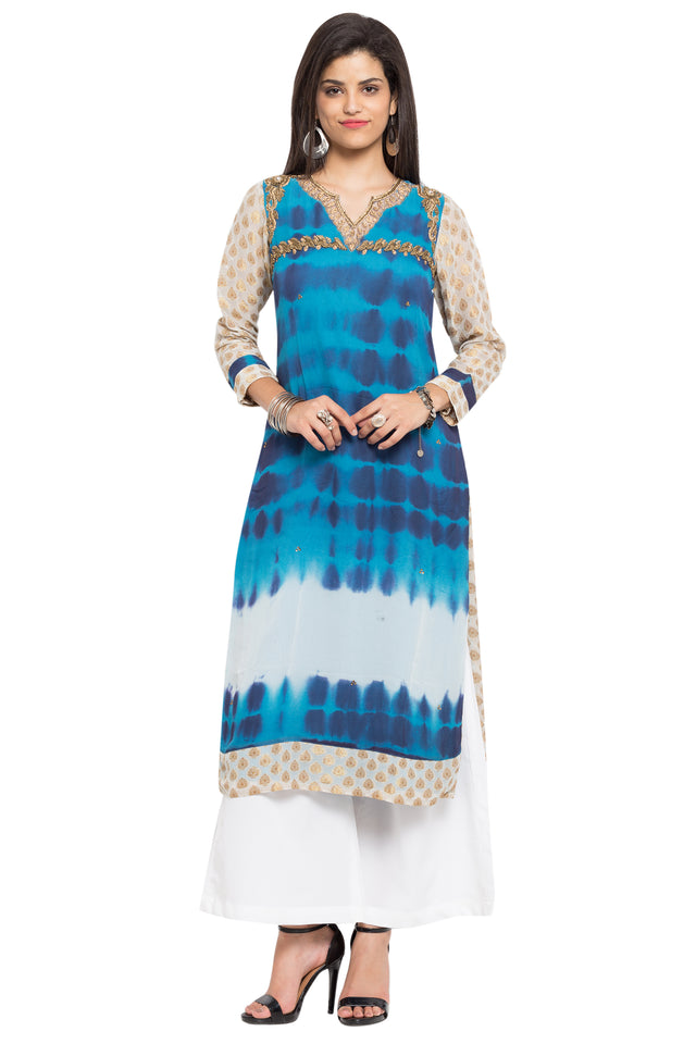 Faux Georgette Straight Kurti Top In Blue