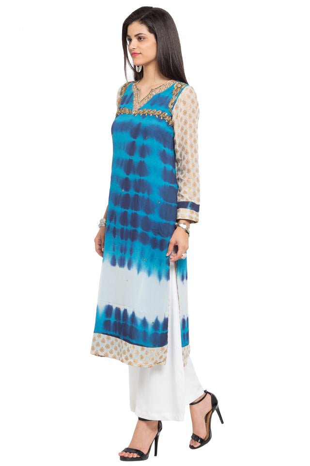 Faux Georgette Straight Kurti Top In Blue
