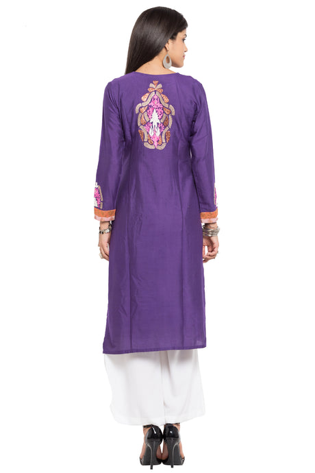 Cotton Art Silk Straight Kurta Top in Purple - Back