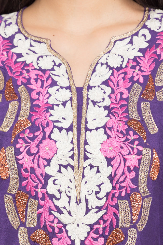 Cotton Art Silk Straight Kurta Top in Purple - Zoom