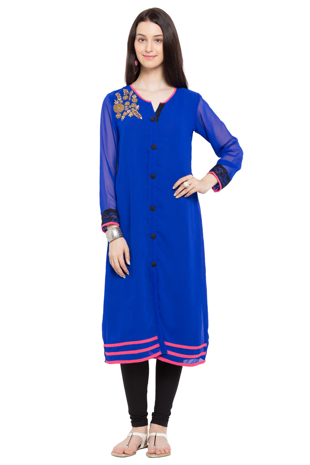Faux Georgette Straight Kurti Top In Blue