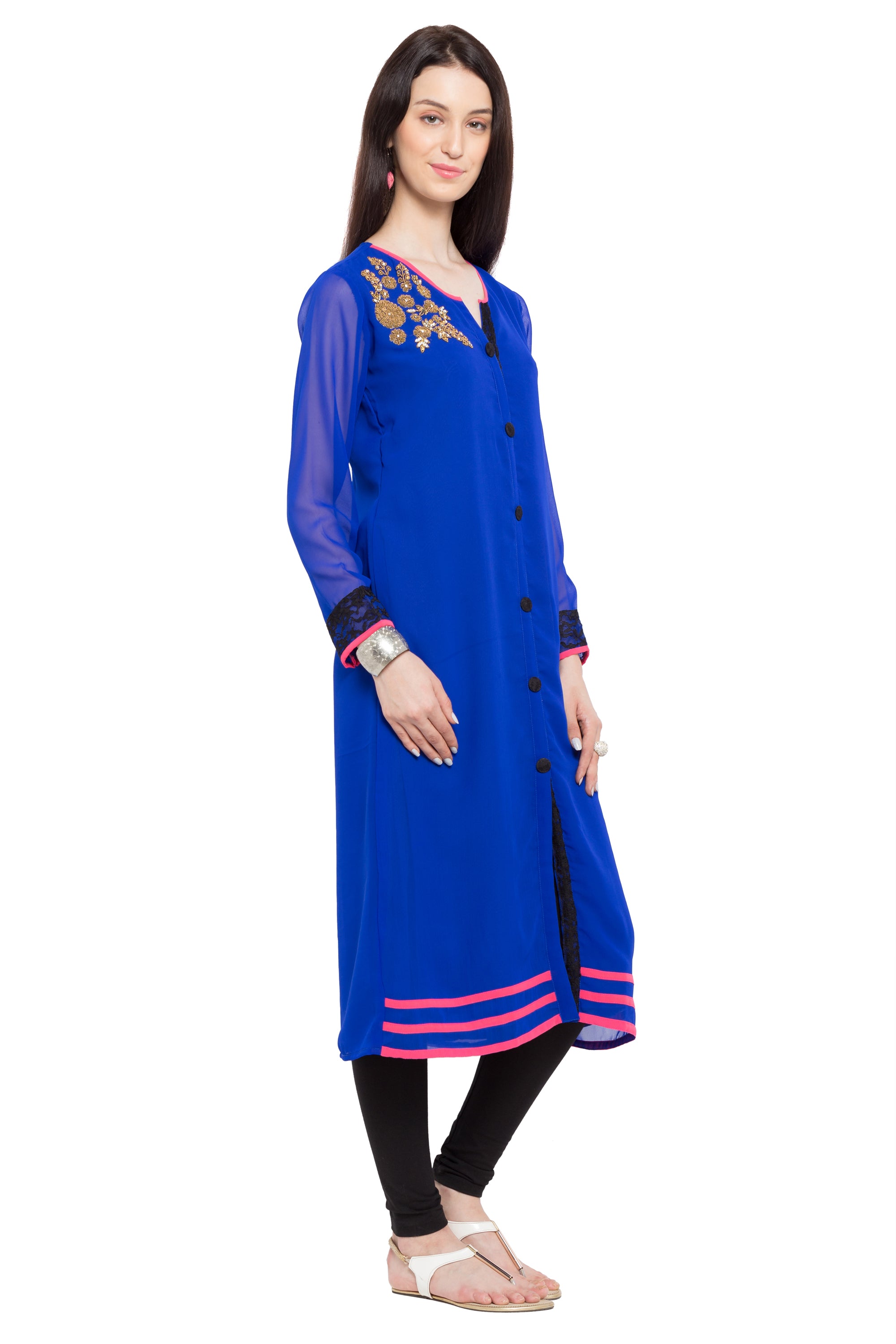 Faux Georgette Straight Kurti Top In Blue