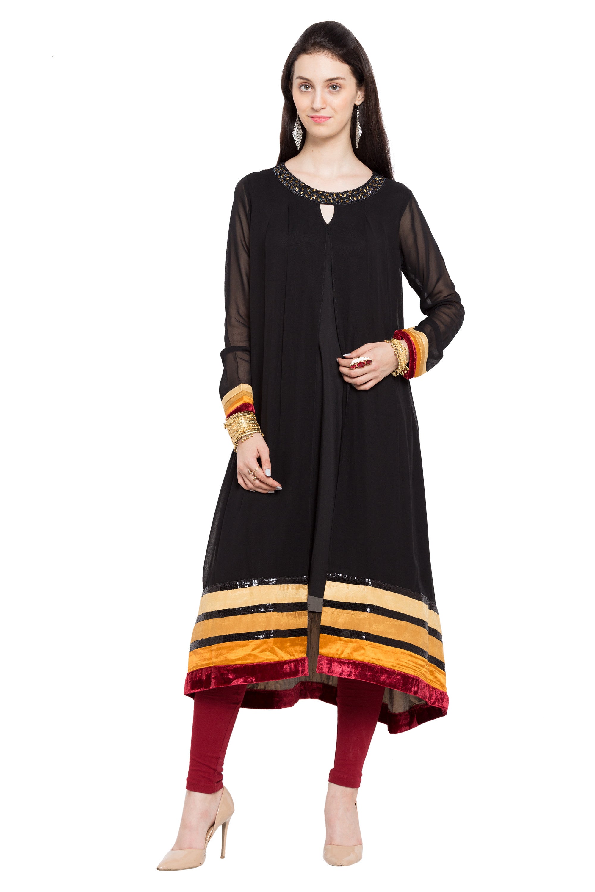 Faux Georgette Flared Kurti Top In Black