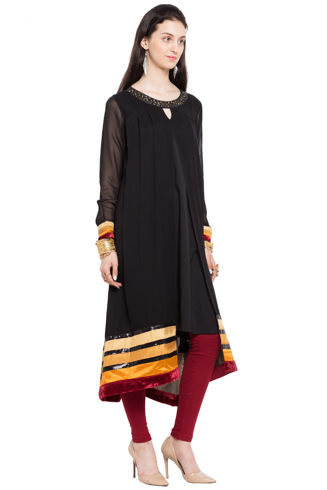 Faux Georgette Flared Kurti Top In Black