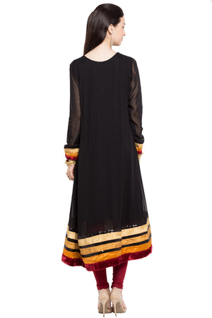 Faux Georgette Flared Kurti Top In Black