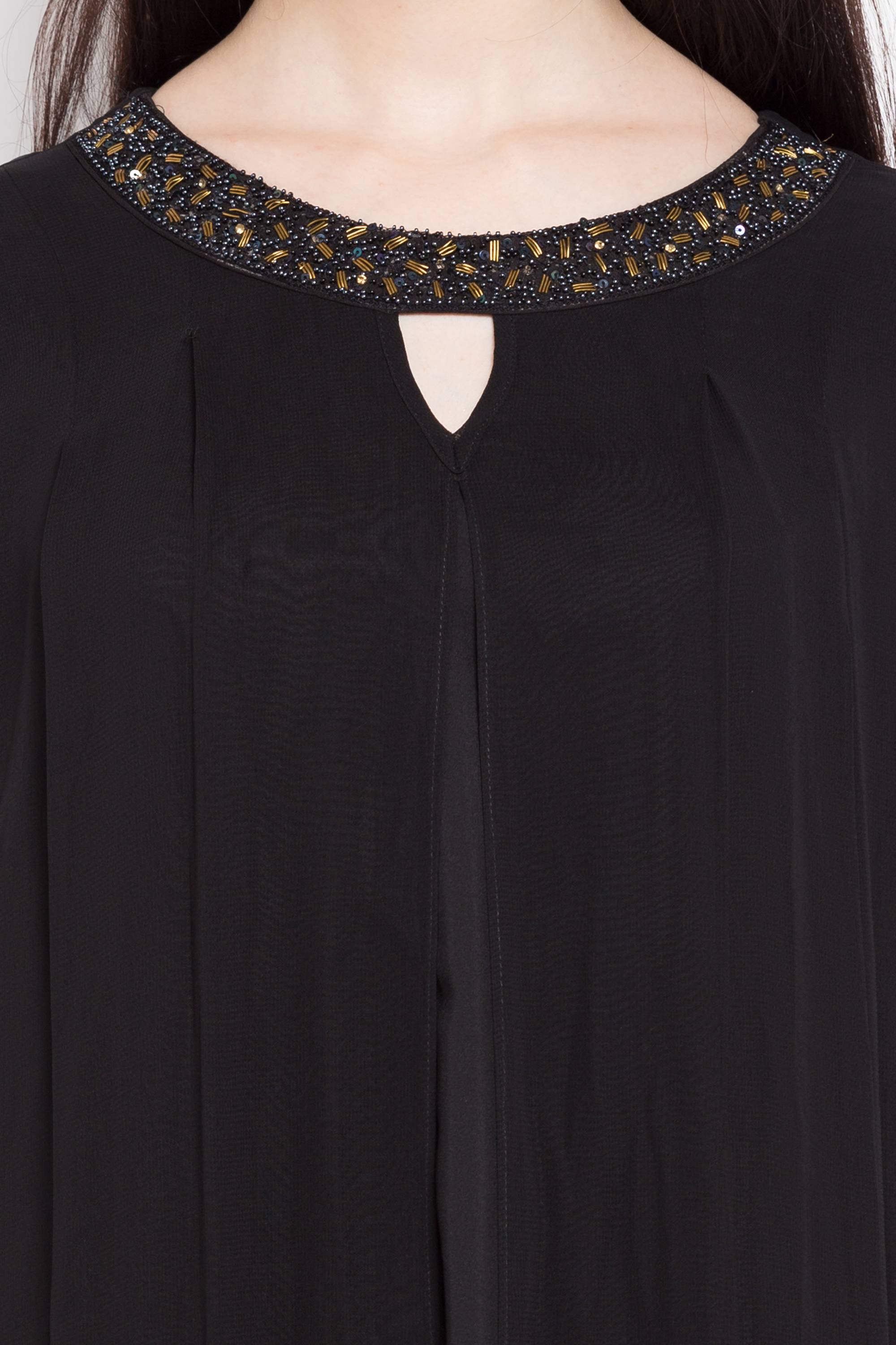 Faux Georgette Flared Kurti Top In Black