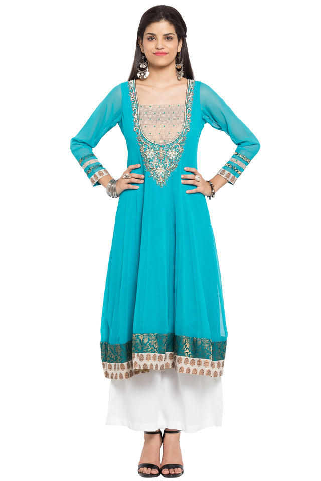 Faux Georgette Anarkali Kurti Top In Blue