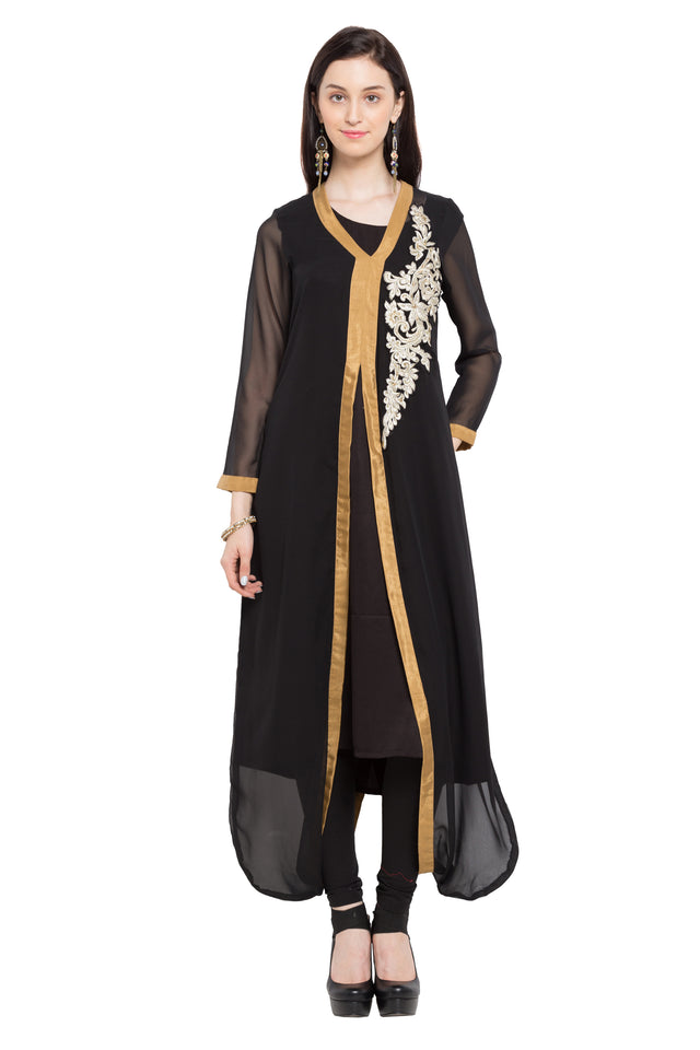 Faux Georgette Asymmetric Kurti Top In Black