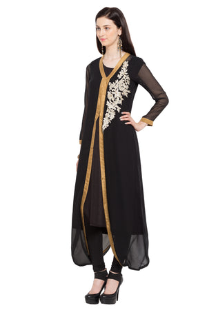 Faux Georgette Asymmetric Kurti Top In Black