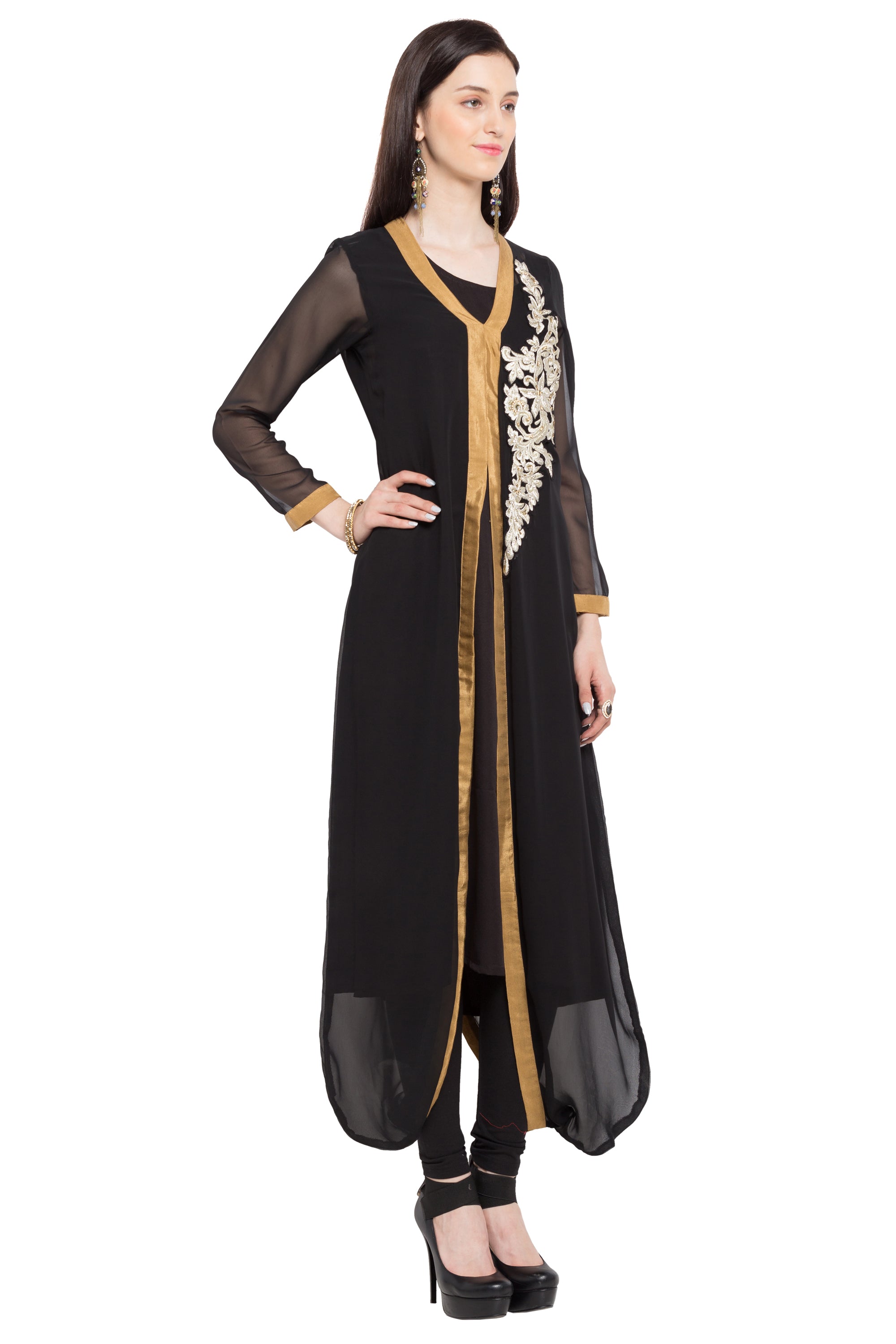 Faux Georgette Asymmetric Kurti Top In Black