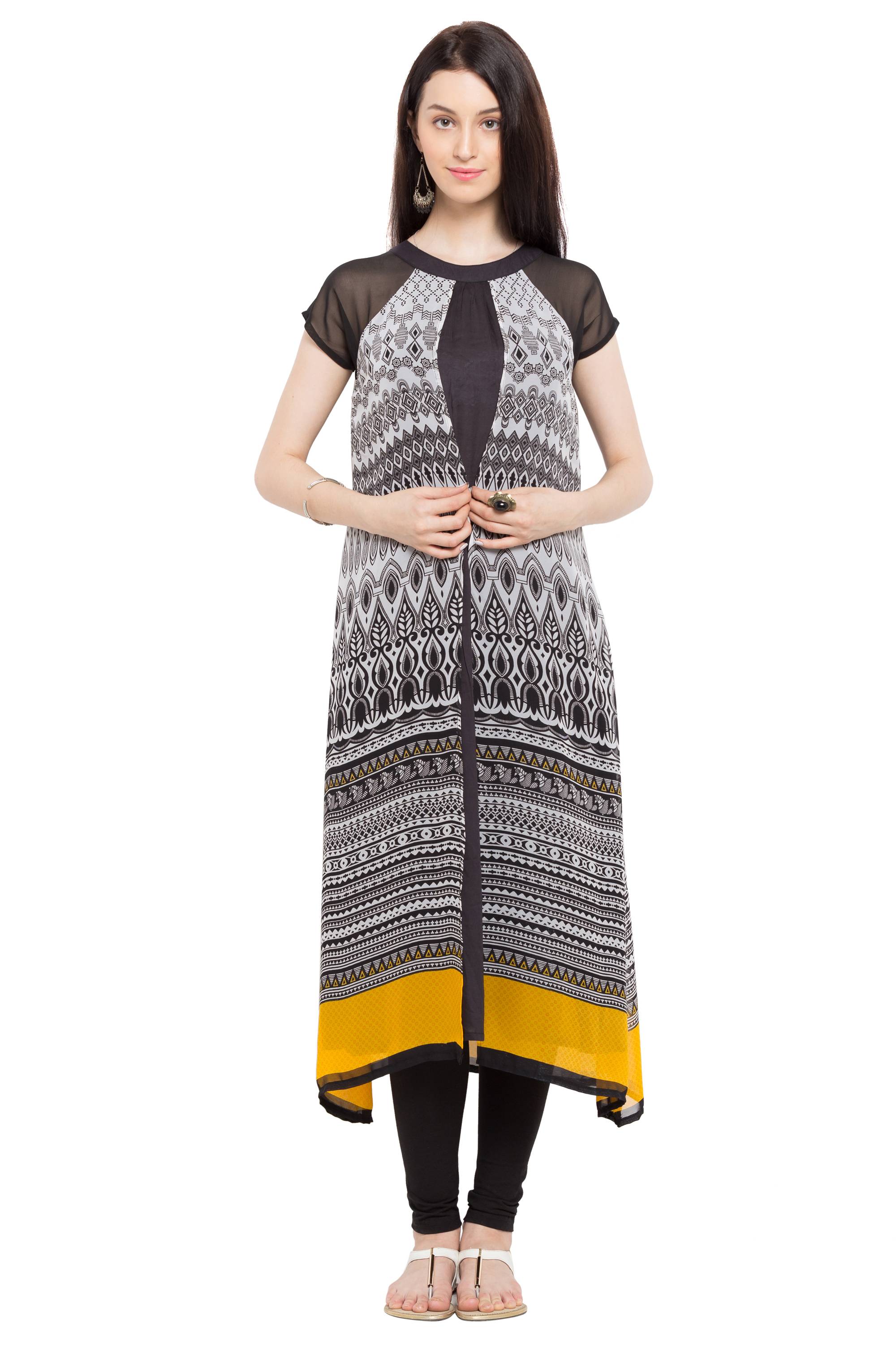 Faux Georgette A-Line Kurti Top In Black