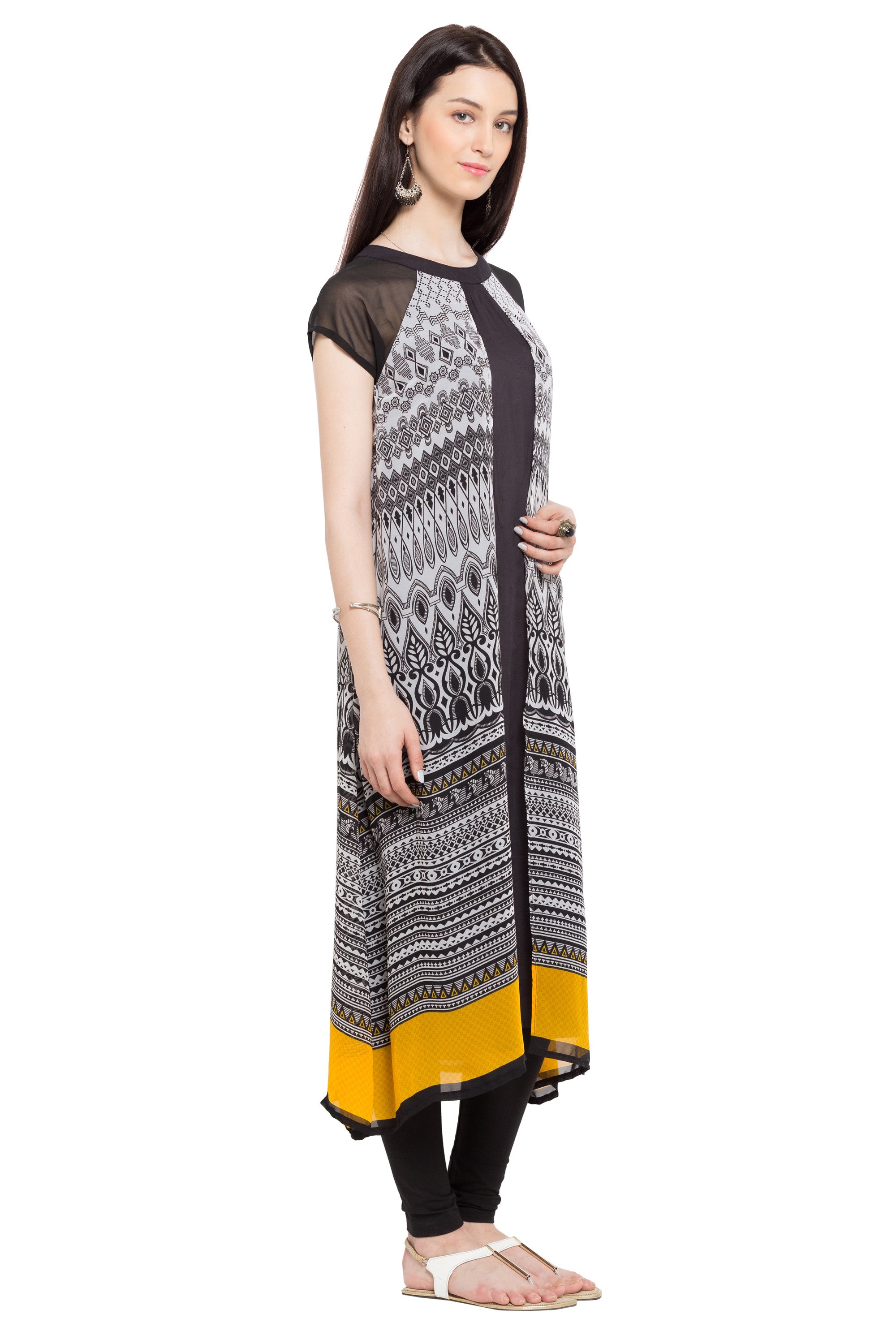 Faux Georgette A-Line Kurti Top In Black