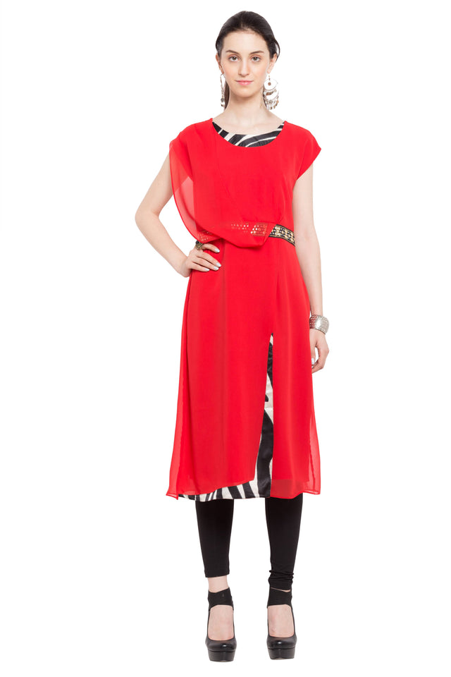 Faux Georgette Straight Kurti Top In Red