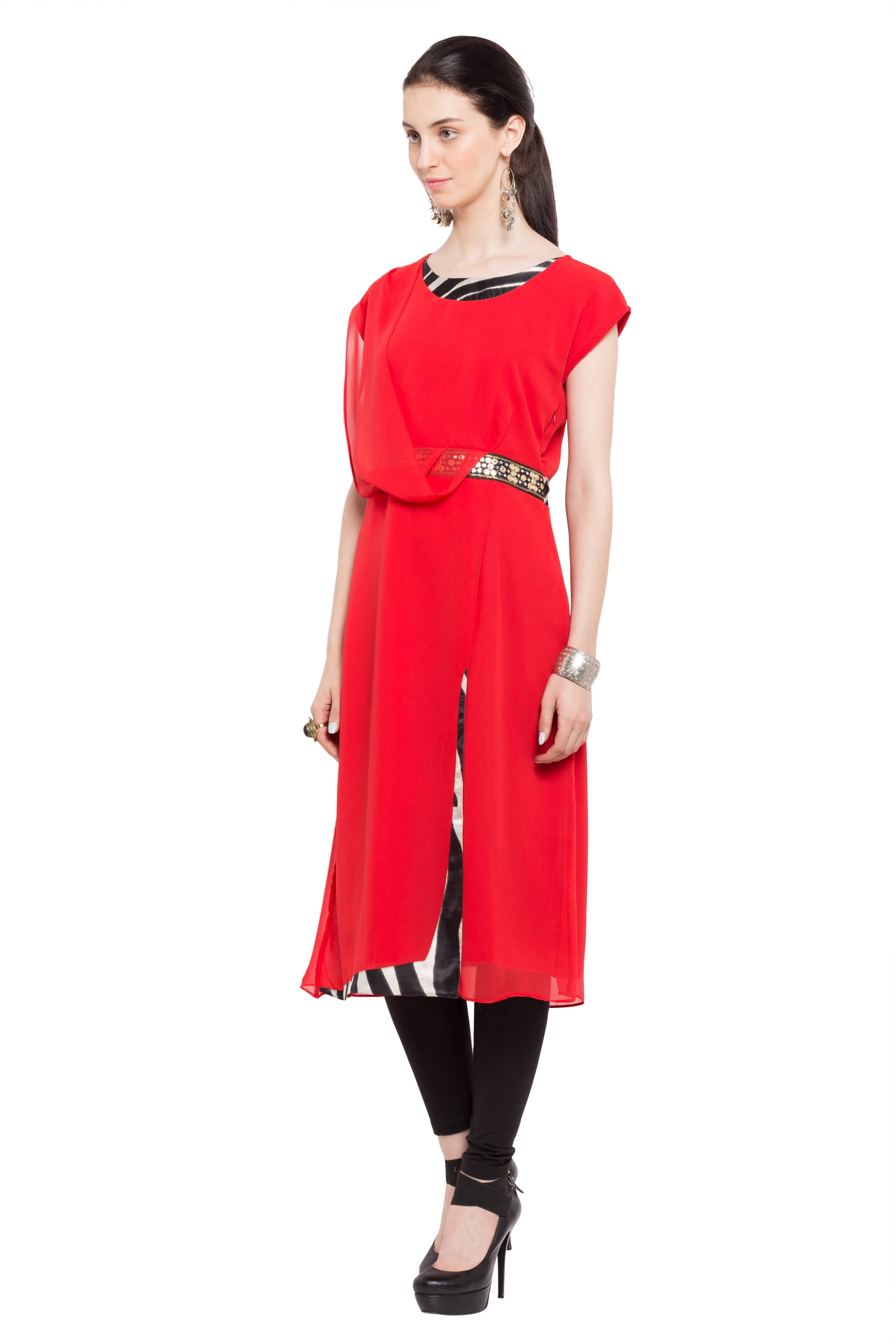 Faux Georgette Straight Kurti Top In Red