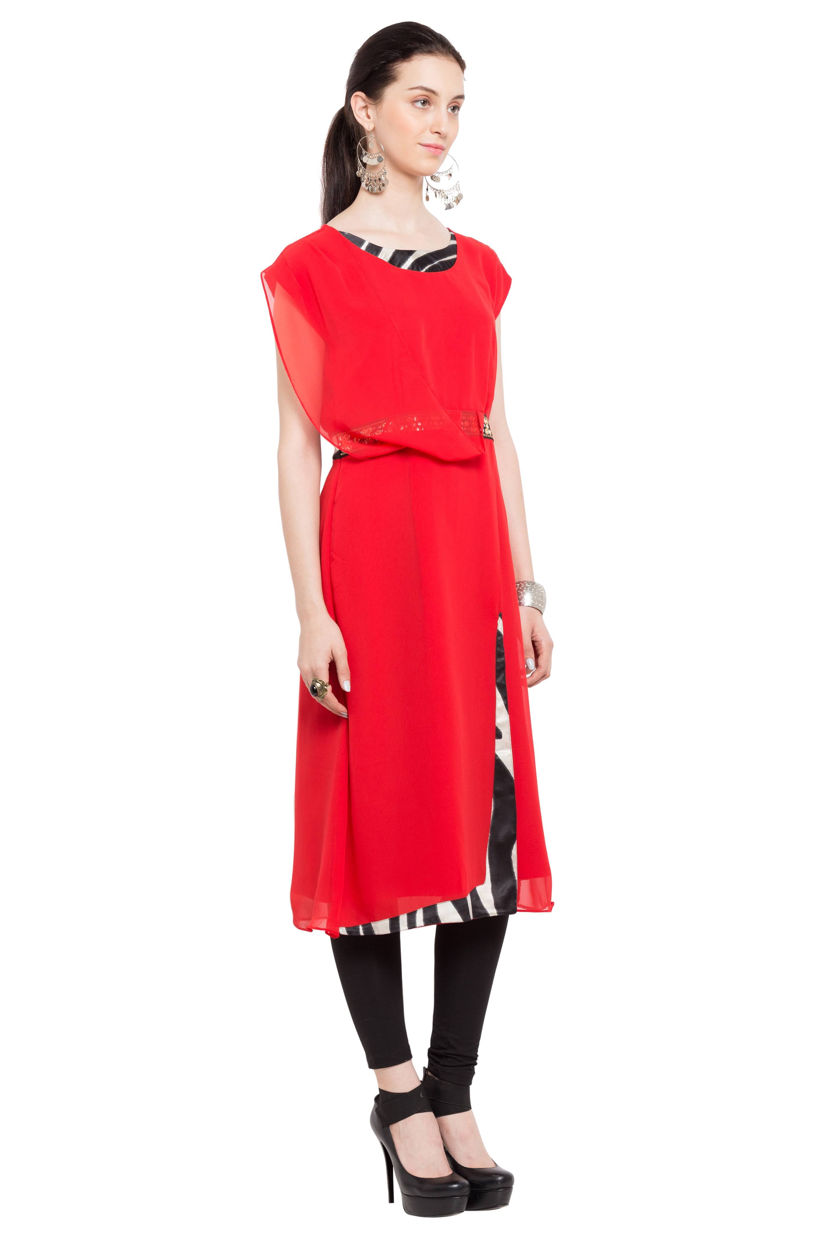 Faux Georgette Straight Kurti Top In Red