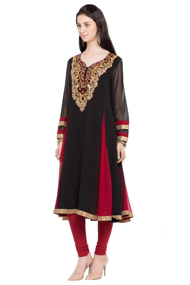 Faux Georgette Anarkali Kurti Top In Black
