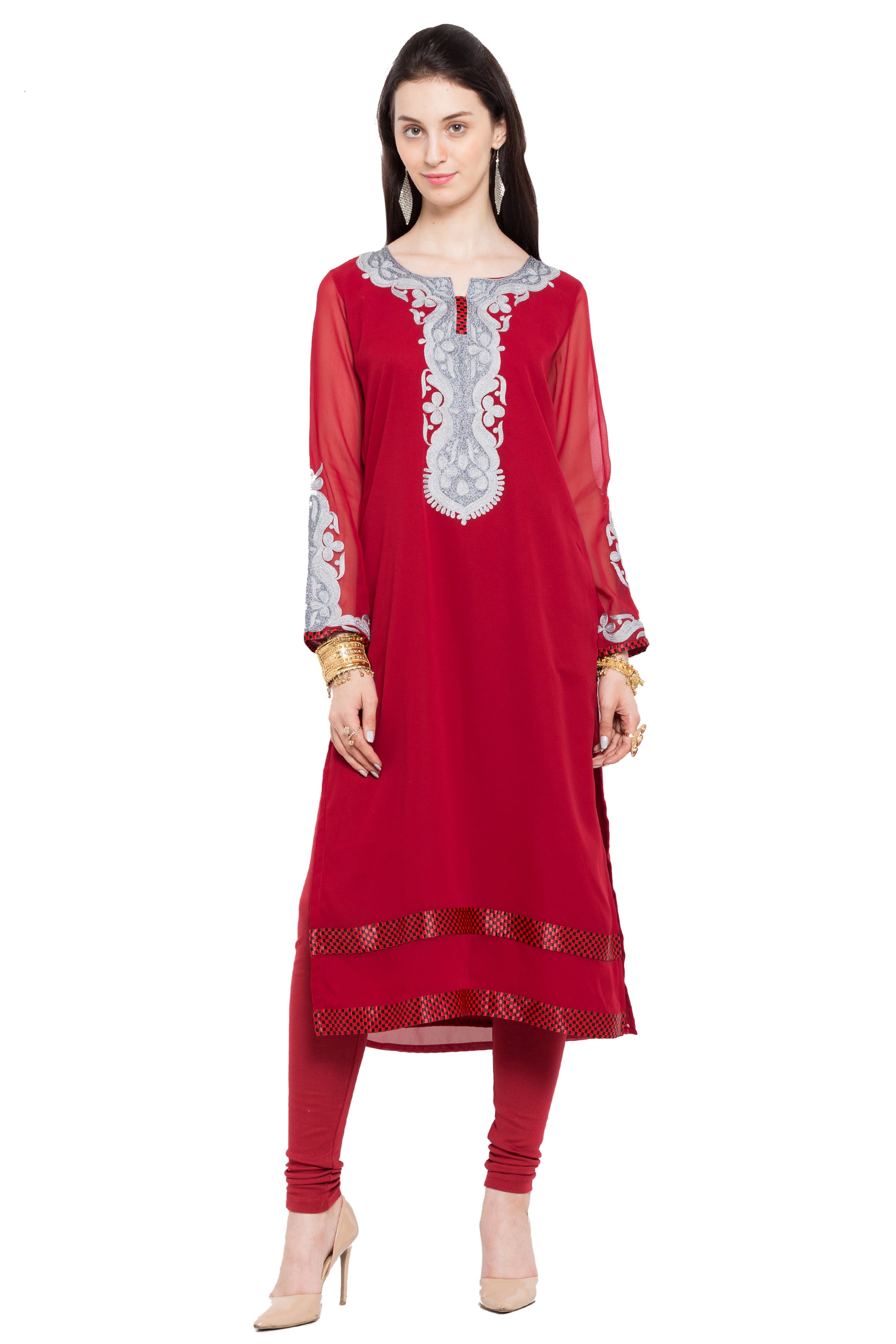 Faux Georgette Straight Kurti Top In Red
