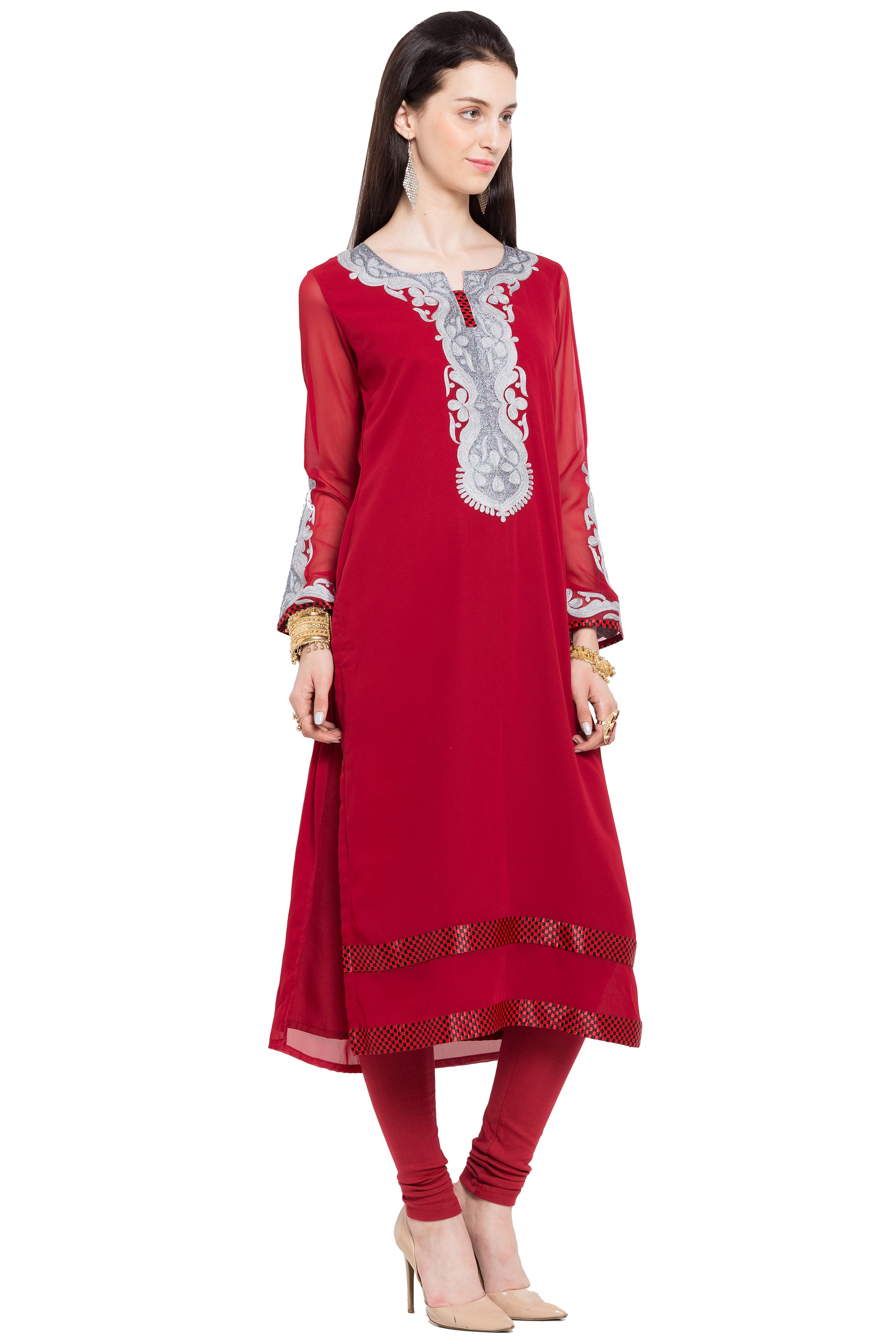 Faux Georgette Straight Kurti Top In Red