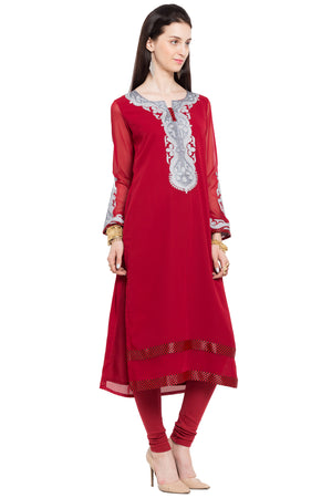 Faux Georgette Straight Kurti Top In Red