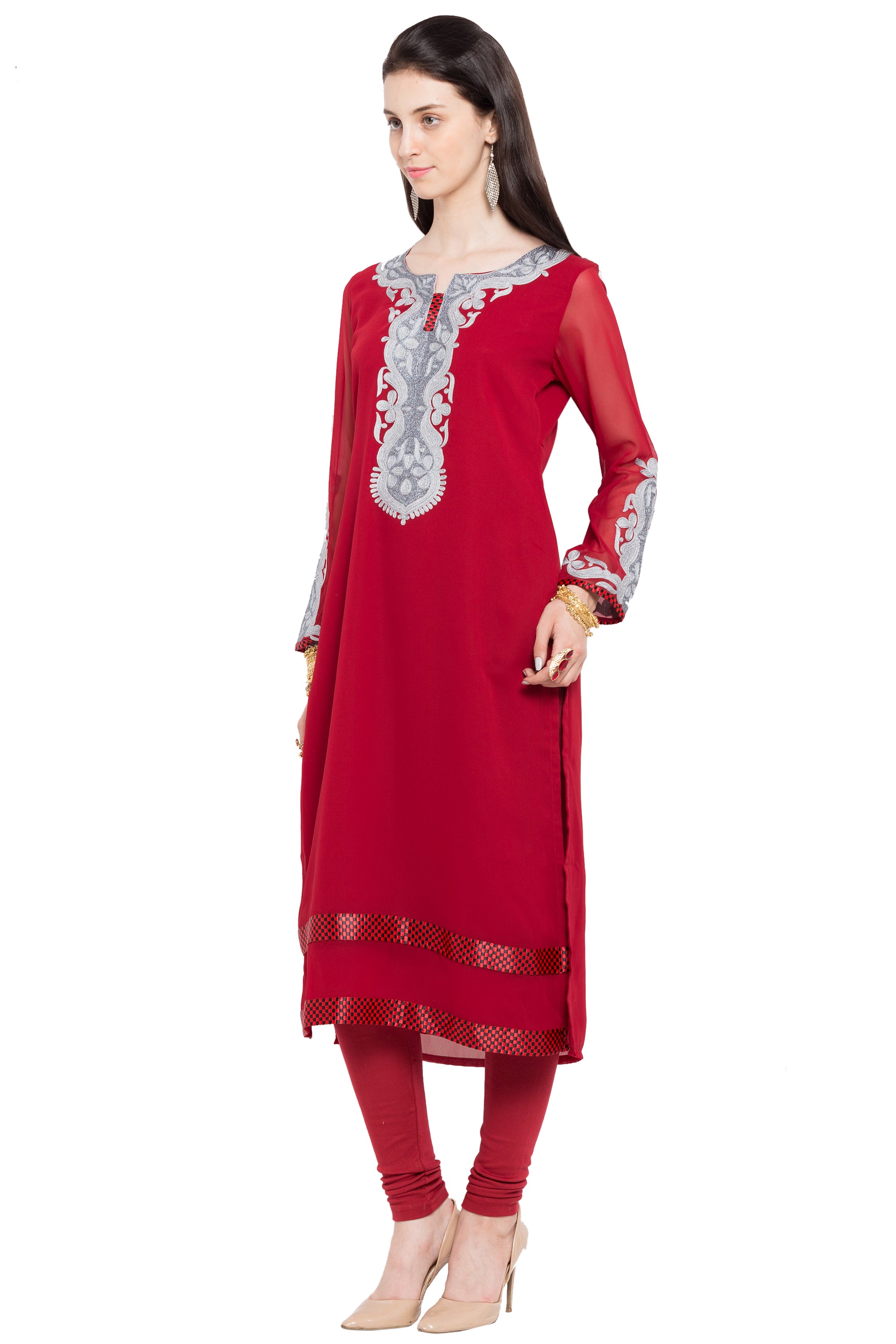 Faux Georgette Straight Kurti Top In Red
