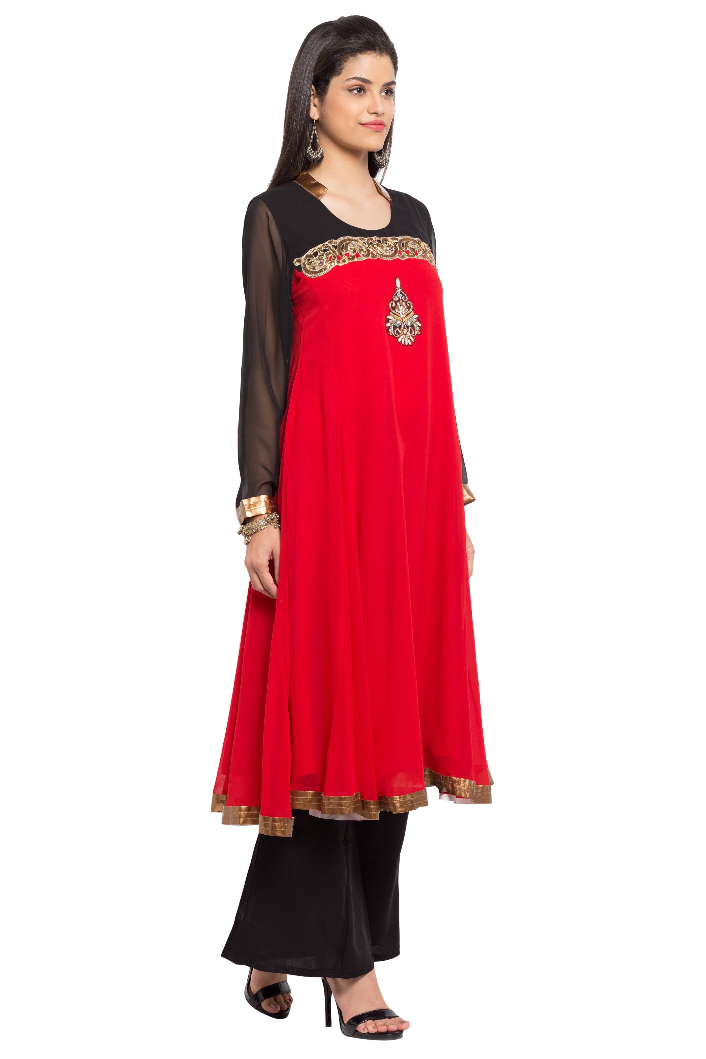 Faux Georgette A-Line Kurti Top In Red