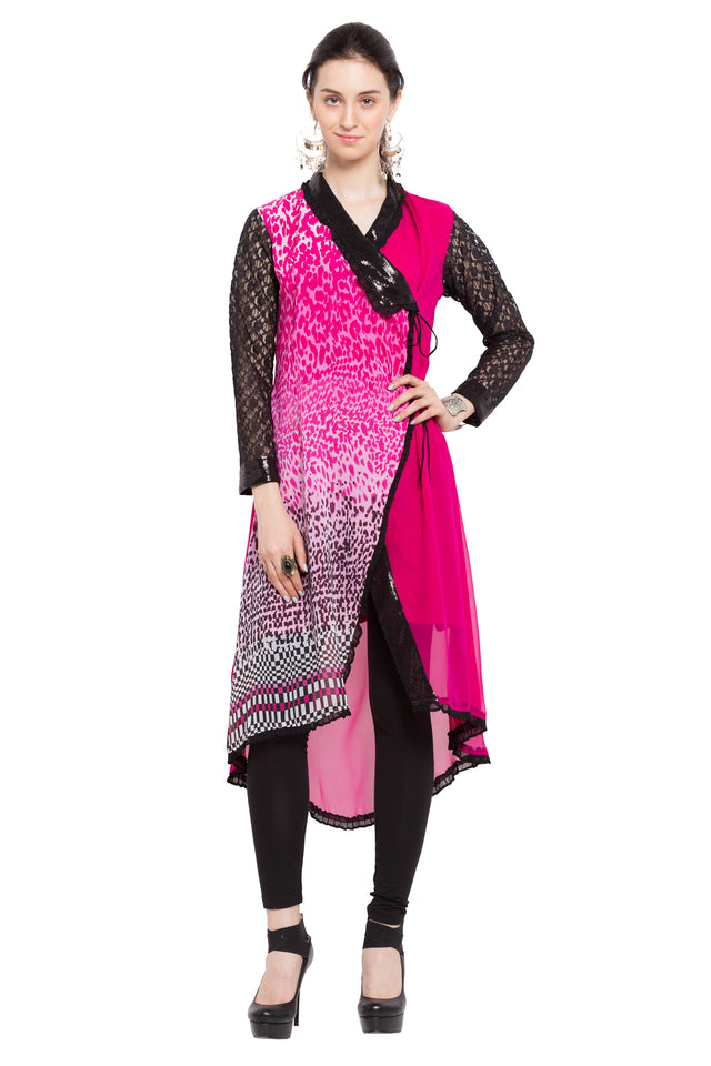 Faux Georgette Angrakha Kurti In Pink