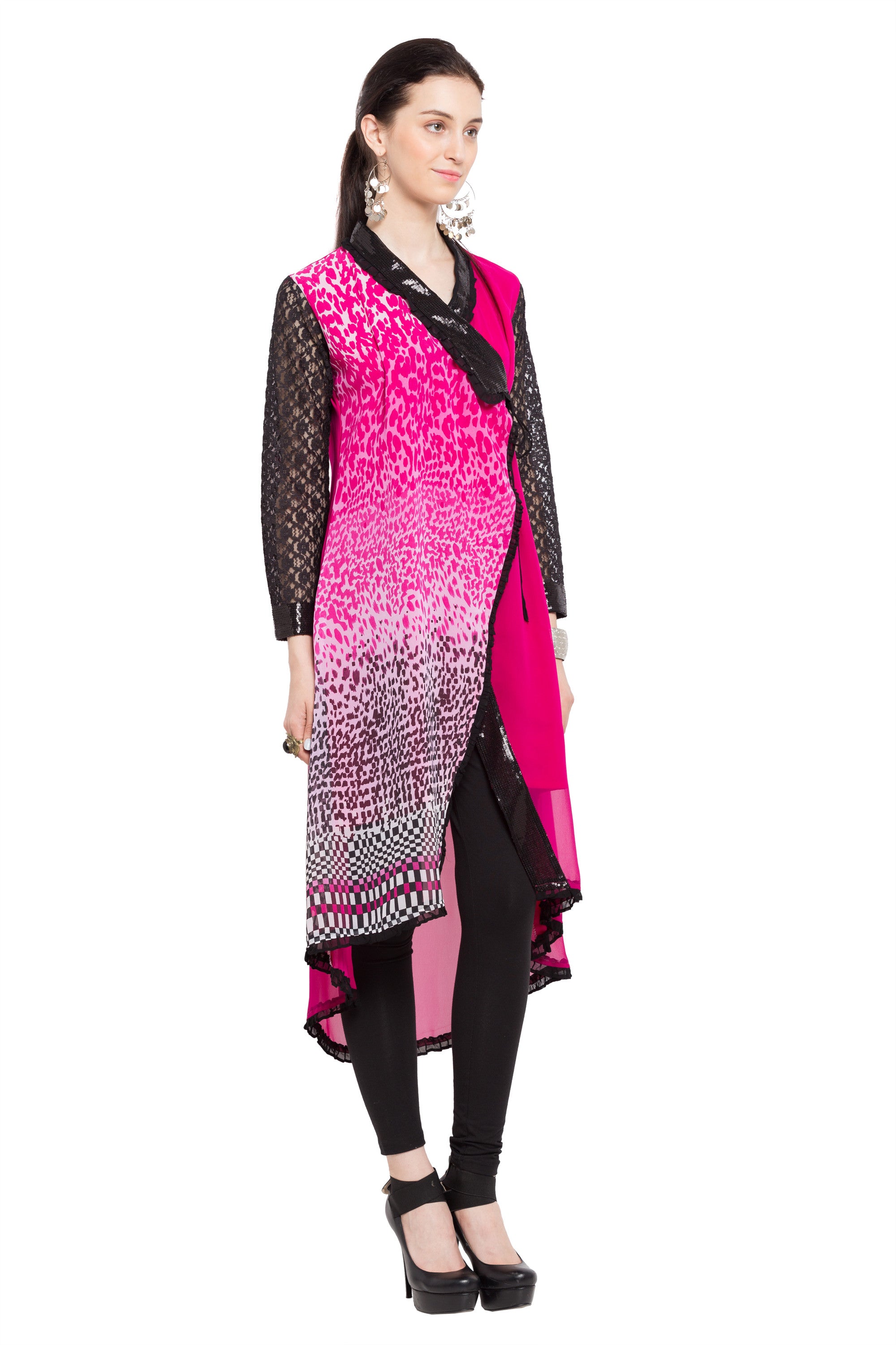 Faux Georgette Angrakha Kurti In Pink