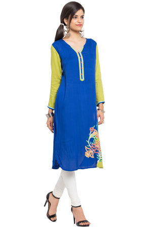 Blended Cotton Straight Kurti Top In Blue