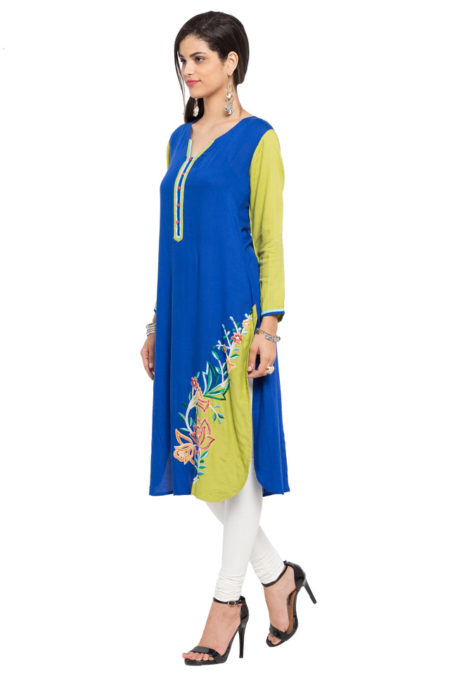 Blended Cotton Straight Kurti Top In Blue