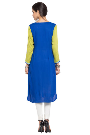 Blended Cotton Straight Kurti Top In Blue