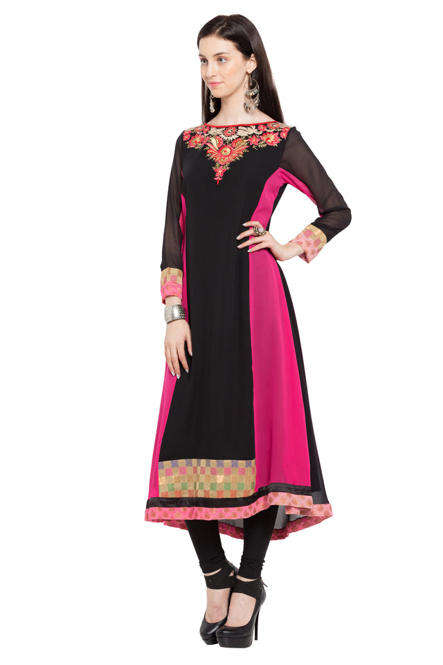 Faux Georgette Anarkali Kurti Top In Black