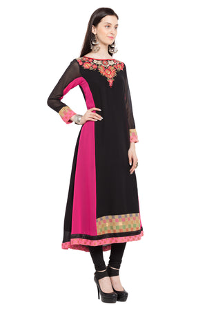 Faux Georgette Anarkali Kurti Top In Black