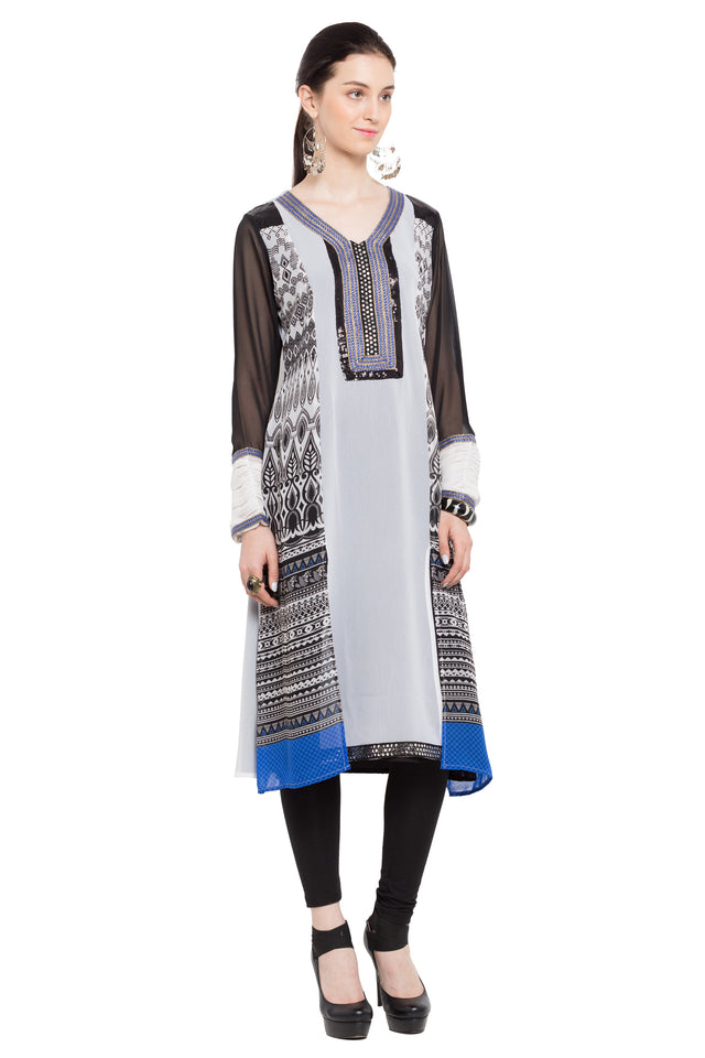 Faux Georgette A-Line Kurti In White