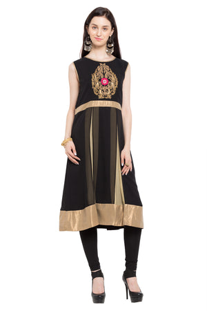 Faux Georgette Flared Kurti In Black
